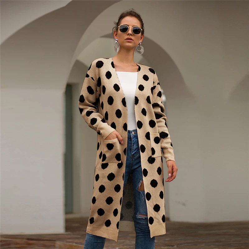 

Sweaters Winter Woman 2019 Autumn Polka-dot Long Cardigan Female Large Size Knitted Warm Coat Pocket Ladies Tops Outwear
