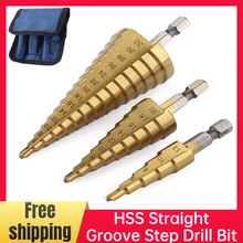 Broca escalonada de ranura recta HSS, juego de herramientas de perforación de núcleo de cortador de agujeros de Metal y madera recubiertas de titanio, 3 12mm, 4 12mm, 4 20mm, 4 32mm