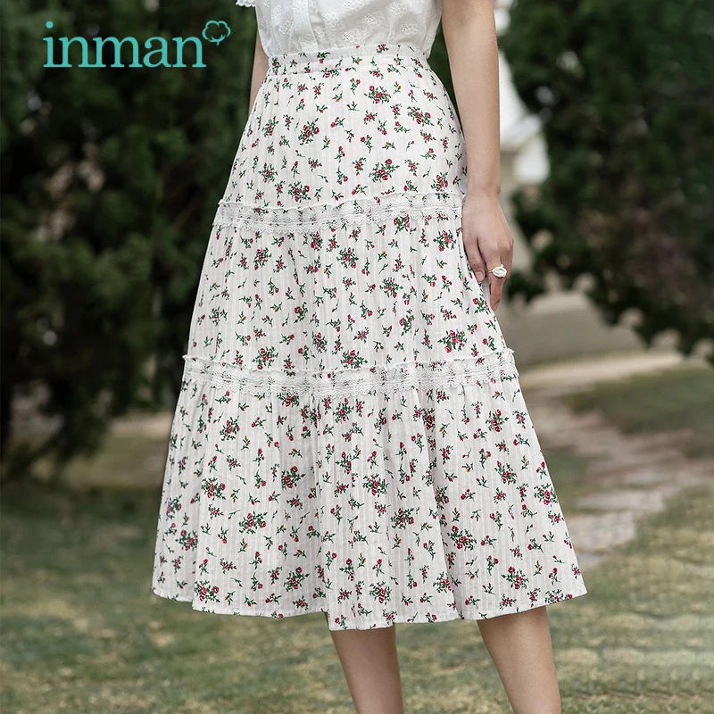 INMAN Summer Cyanrose Midi Skirt Women Sweet Elegant Style Shivering A-Line Leisure Slimmed Lady Flower Floral Print Bottom