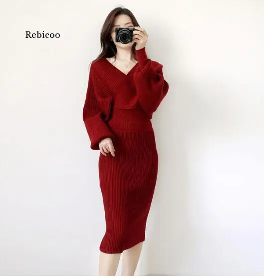 

Women Kintted garments V neck Elegant OL Stylish Woman winter Two piece sets clothes 6 colors black pink wine khaki