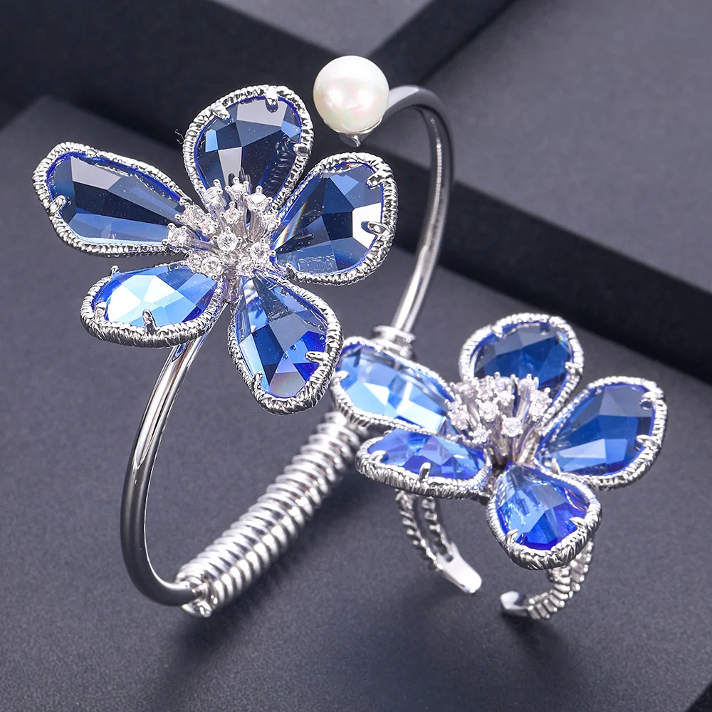 Blue Jankelly, роскошный браслет в форме цветка, кольцо, наборы, модные, Дубай, серебряные, Свадебные Ювелирные наборы для женщин, свадебные brincos para as mulheres - Окраска металла: Blue