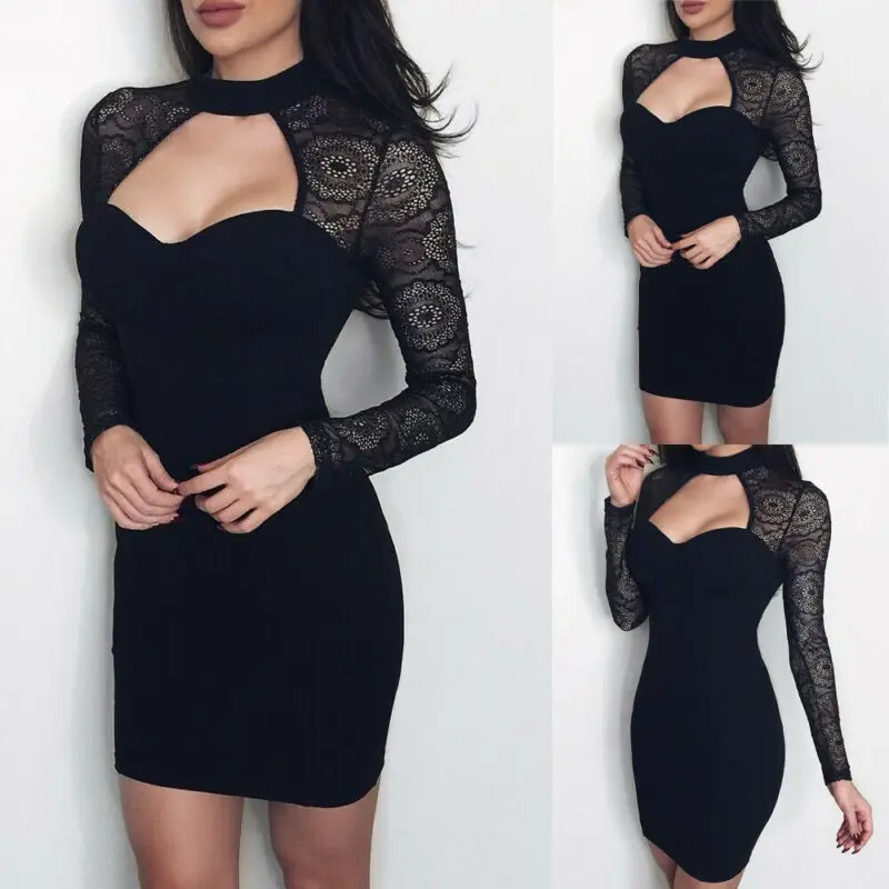 Мода женщин с длинным рукавом Bodycon вырезом кружева Коктейльная Вечеринка