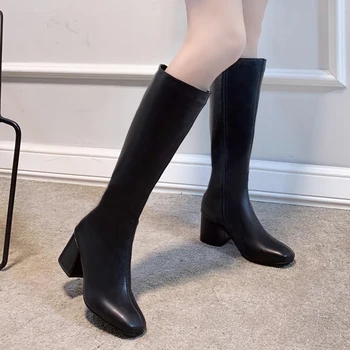 

Lucyever Fashion Pu Leather Knee High Boots Women Elegant Square Toe High Heels Long Botas Woman Black White Waterproof Shoes