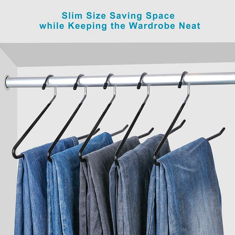 Metal Slacks/Trousers Hangers Open Ended Pants Easy Slide Organizers, Chrome and Black Friction, Non-Slip Arms, Set of 10