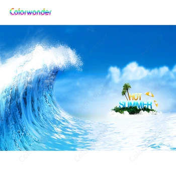 

Hot Summer Photography Blue Sky White Clouds Backgrounds Ocean Wave Small Island with Palm Trees Backdrops for Photocall Prop