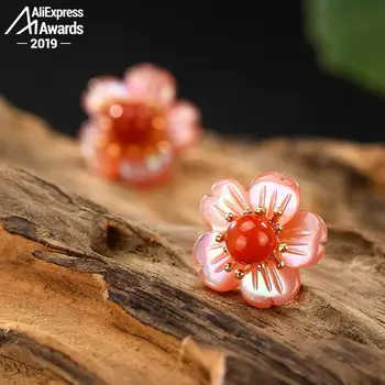 

S925 Fine Jewelry Stud Earrings Plum blossom Earrings Women Handmade Vintage Natural Retro Exquisite jasper
