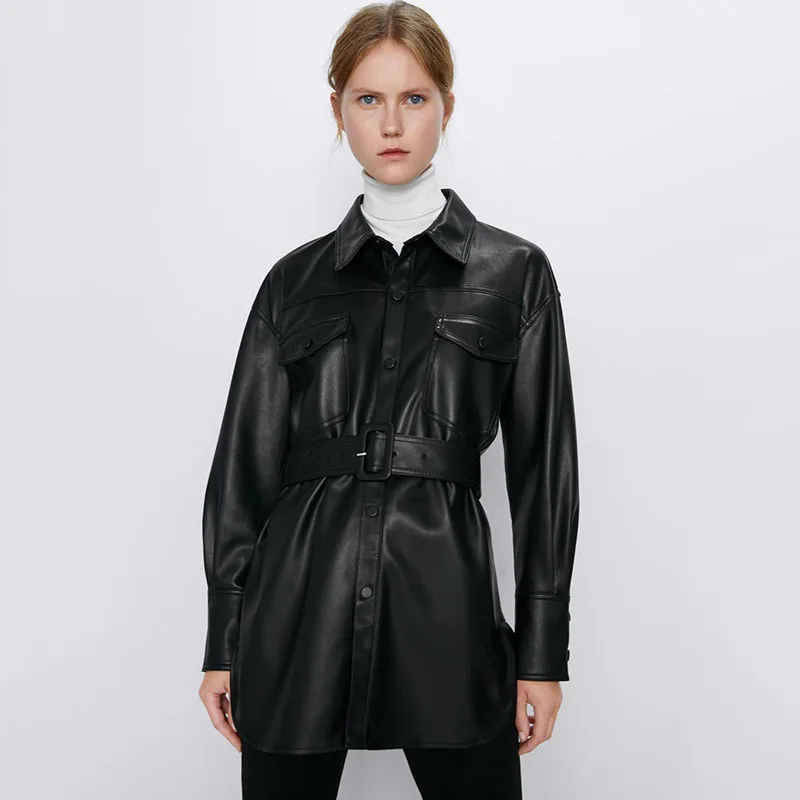 LUZUZI, тонкое пальто из искусственной кожи, Женские Модные Куртки из искусственной кожи, женские элегантные куртки с поясом, карманами на талии, пуговицами, пальто для женщин, дамские IP - Цвет: Черный