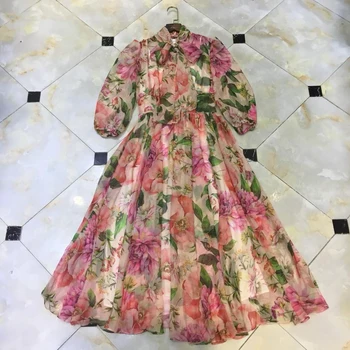 

Summer Charming New Holiday Dress Women's Half Sleeves Flower Printed Elegant Midi Festa Dress