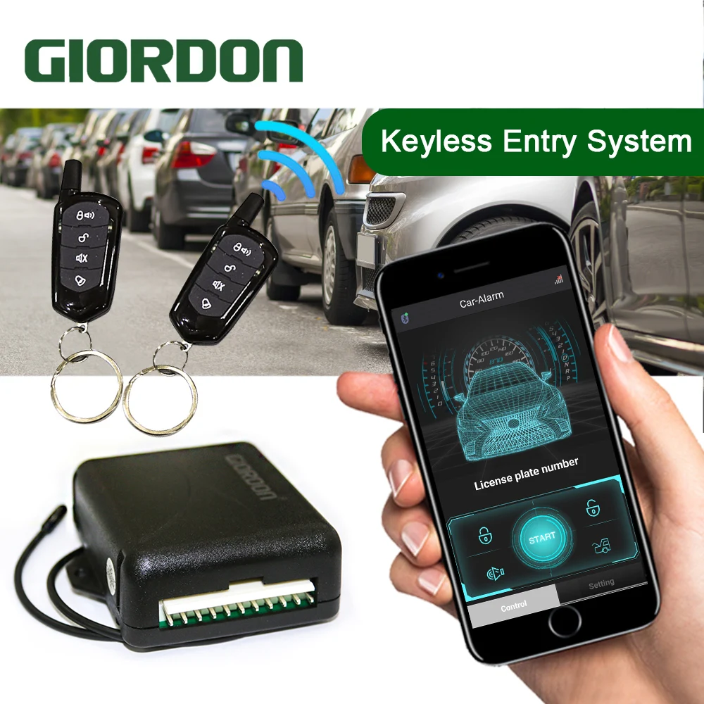 GIORDON Universal Car Auto Keyless Entry System Button Keychain Central Kit Door Lock with Remote Control Start Stop APP