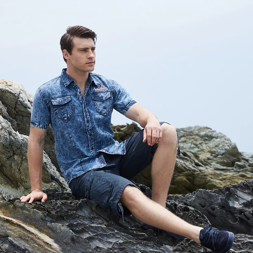 

Denim Shirt Men Spring Autumn Slim Men's Shirt chemise short Sleeve Cardigan Casual Shirts Tops Men Clothing camisas hombre
