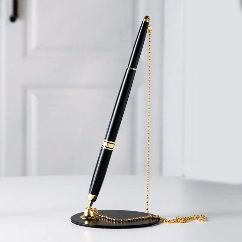 Classic Metal Ballpoint Pen Secure Chain Attached Base Stand Desk