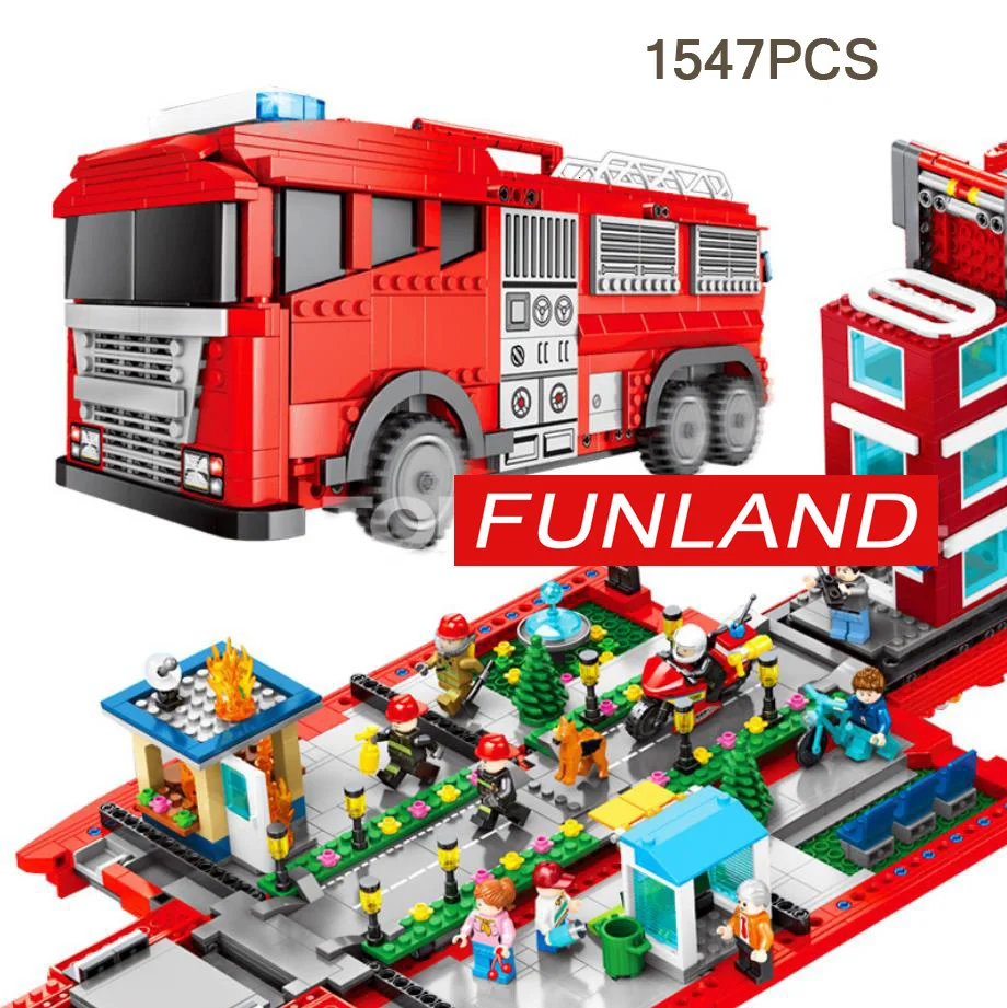 

Creator City Street View Fire Drill Command Center 2IN1 Building Block Fireman Figures Bricks Fire Engine Truck Model Toys