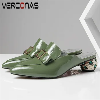 

VERCONAS Women High Heeled Mules Slippers Knot Rhinestones Pointed Toe Sandals Casual Shoes Summer Genuine Leather Shoes Woman