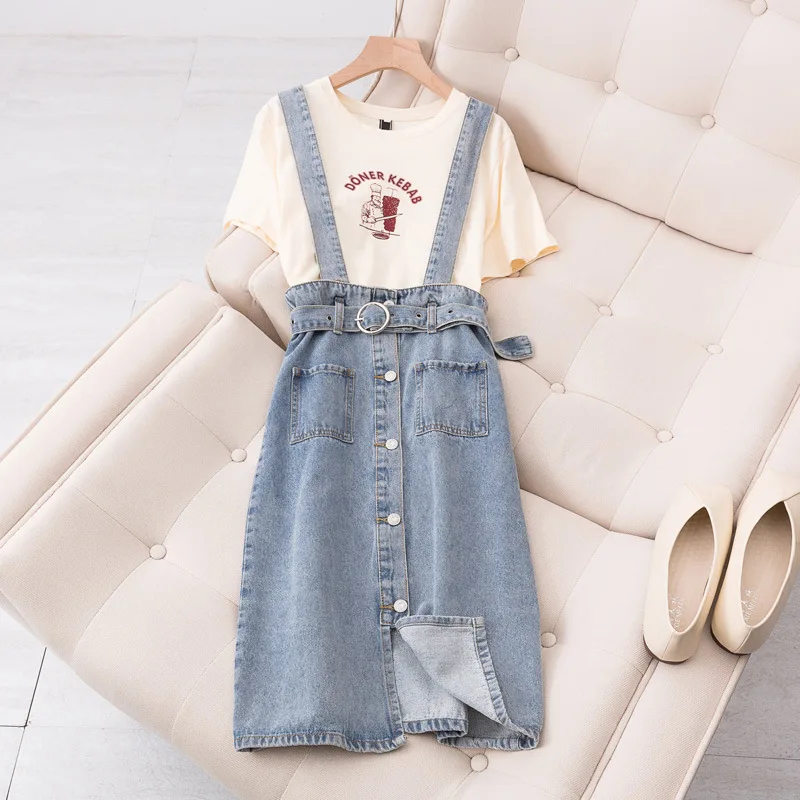 

Large Size Dress 2019 Spring Large GIRL'S Cowboy Strap Dress + Printed T-shirt Two-Piece Set