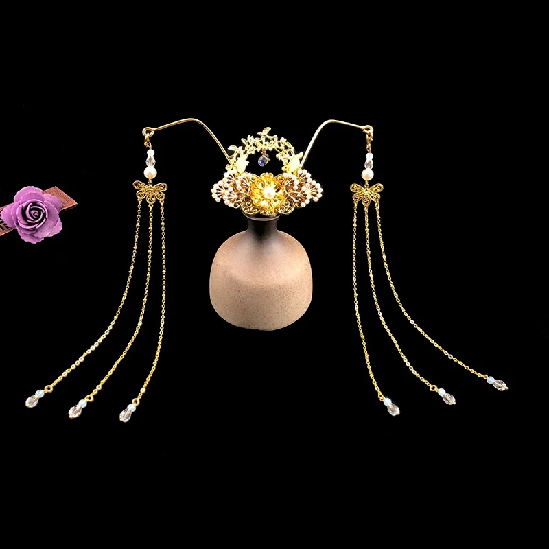 Gold Косплей Hanfu Дворцовая корона для волос Kanzashi длинные кисточки рыжие волосы аксессуар головной убор принцессы ручной работы антикварные украшения для волос - Цвет: Gold