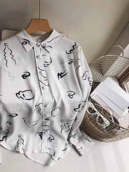 

Women Shirt 2020 Spring and Summer shirt Abstract Line Pattern Printed Long Sleeve Shirt