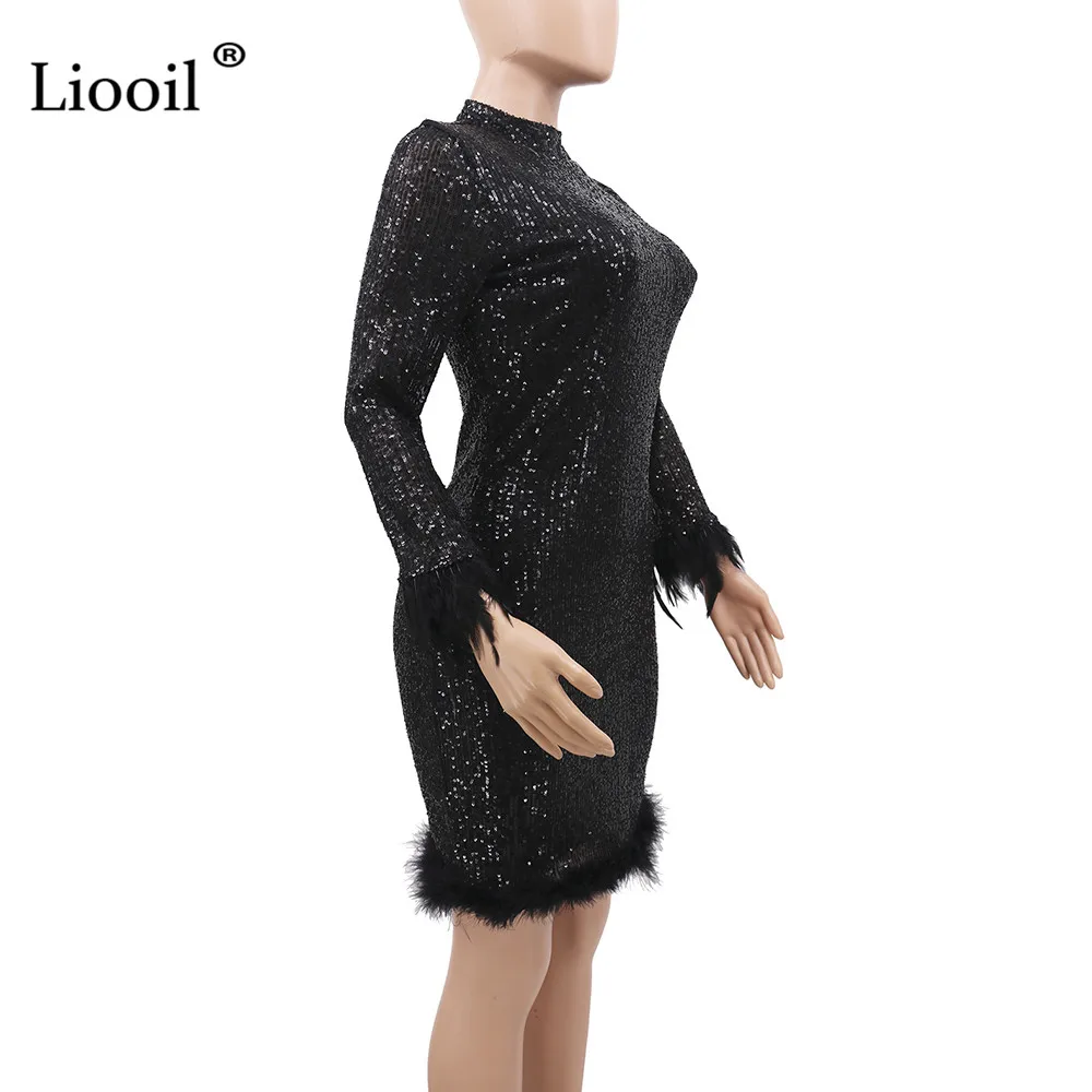 Liooil черное блестящее сексуальное мини-платье с бахромой Женская Клубная одежда наряд с длинным рукавом и круглым вырезом бесшовная плотно прилегающая юбка платья женские вечерние платья