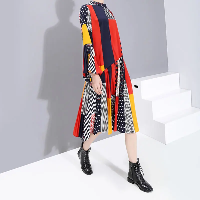 XITAO размера плюс принтованное платье, женская мода, новинка, зимний плиссированный пуловер с расклешенными рукавами, Повседневное платье XJ2815