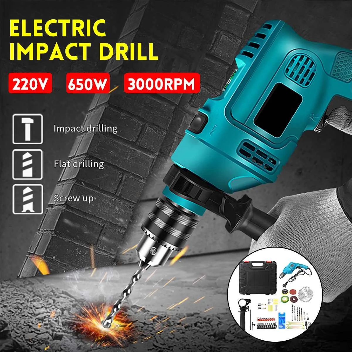 

Electric Brushless Impact Drill 13MM Electric Rotary Hammer Handheld Impact Flat Drill Guns Torque Screwdriver Tools Set