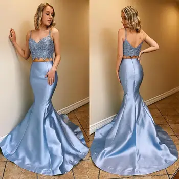 

Elegant Women Mermaid Prom Dresses Spaghetti Two Pieces Sweep Train Appliques Long Formal Ladies Evening Party Gowns