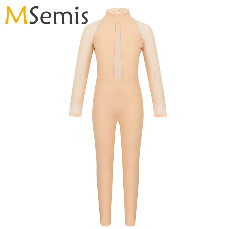 

Kid Girls ballet leotard Mesh Long Sleeves Mock Neck Zippered Gymnastics Leotard Ballet Dance costume Jumpsuit Unitard Dancewear
