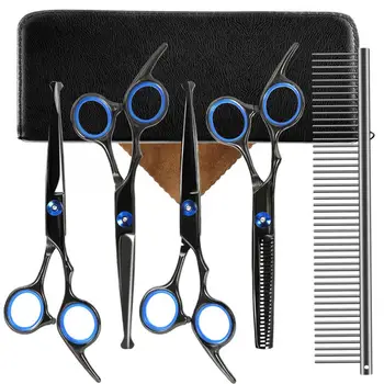 

New Pet Scissors For Dog FBA Monopoly Pet Scissors Black and Blue 5 Piece Set (4 Scissors + 1 Comb) Black Leather Bag