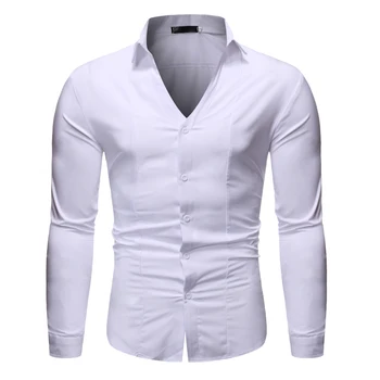 

White Sexy Deep V Neck Slim Fit Shirt Men 2019 Brand New Long Sleeve Mens Dress Shirts Business Casual Men Shirt Camisa Hombre