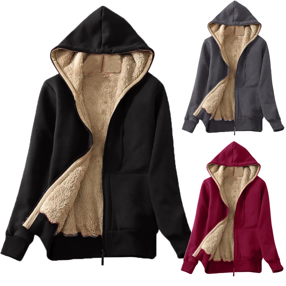 Women Winter Thicken Hoodie Sweatershirt Casual Warm Coat Fluffy Fur Fleece Lined Zipper Up Hooded Jacket Casual Outwear#T2
