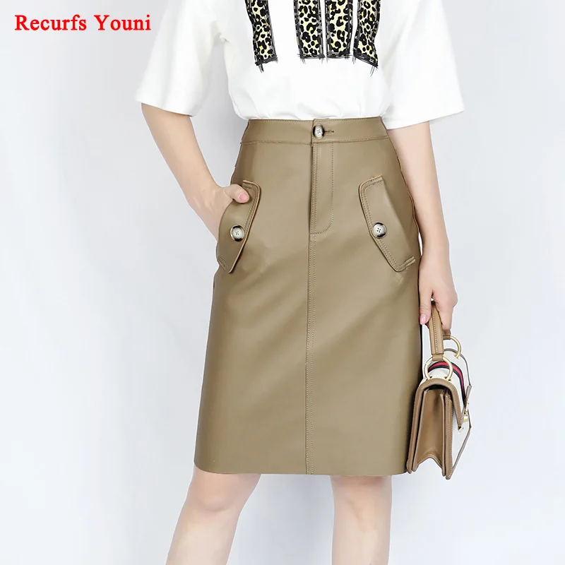 

Winter Roupas Women Genuine Leather Oblique Pockets Midi Skirt OL Hips Slim Back Split Jupe Femme Beige/Black Streetwear Faldas