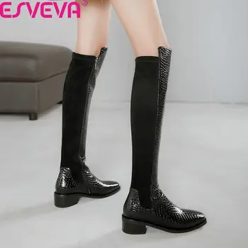 

ESVEVA 2021 PU Leather Flock Zipper All Match Knee High Boots Round Toe Autumn Winter Fashion Women Long Boots Size 34-40
