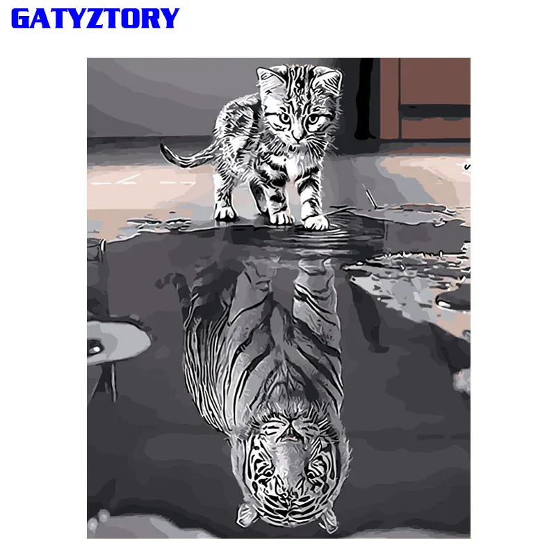 

GATYZTORY Reflection Cat DIY Painting By Numbers Acrylic Paint On Canvas Modern Wall Art Picture Coloring By Numbers Home Decor