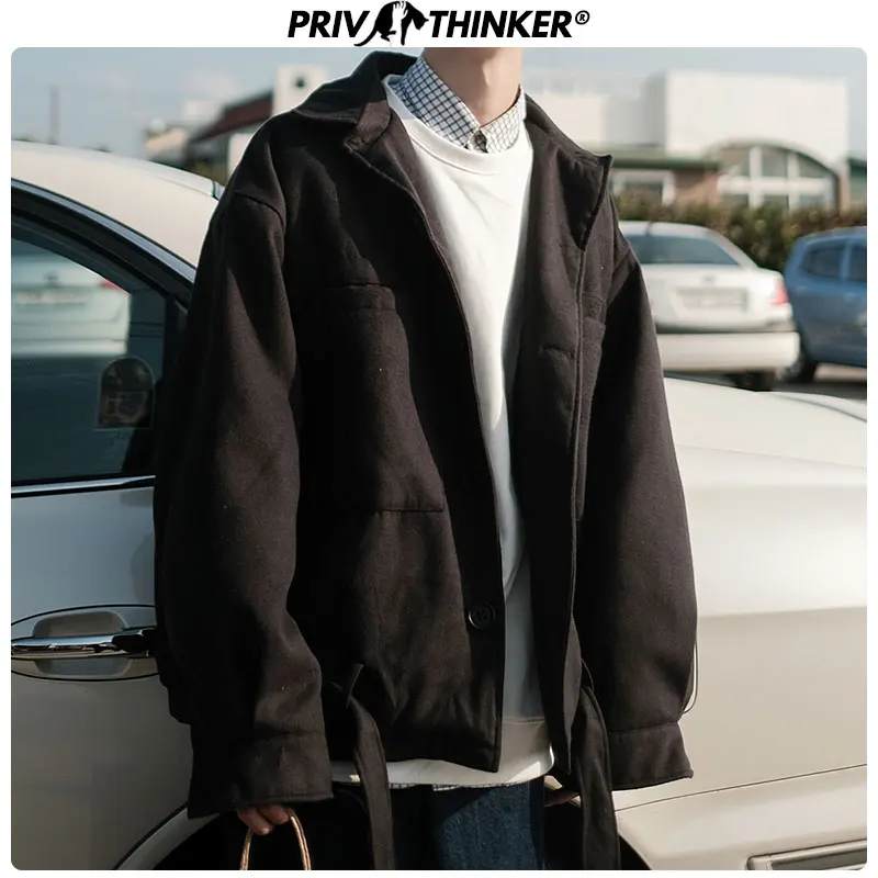 Мужская куртка Privathinker черная шерстяная в Корейском стиле на осень и зиму 2020 |