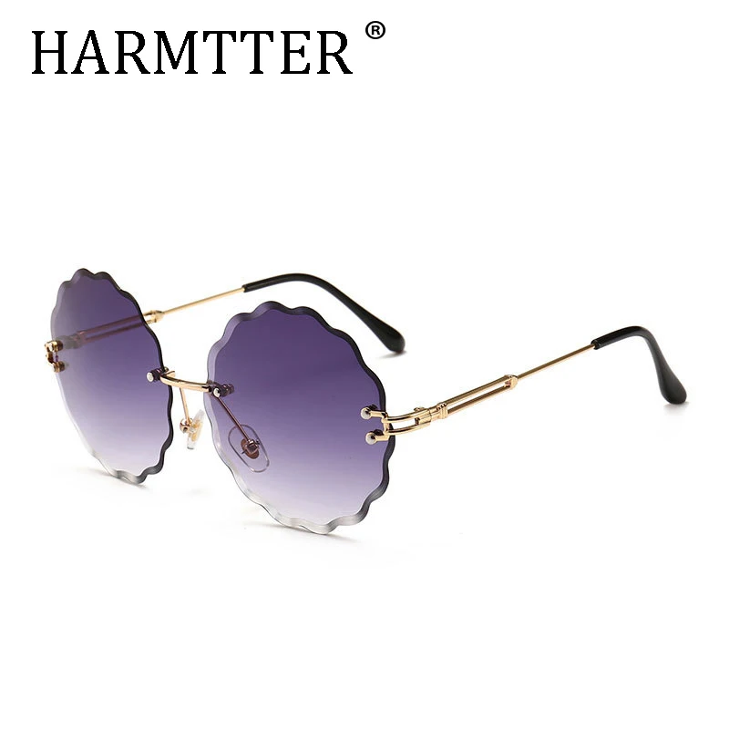 

HARMTTER Fashion Flight Style Sunglasses Women Brand Design Flower Round Rimless Gradient lens Sun Glasses Oculos male