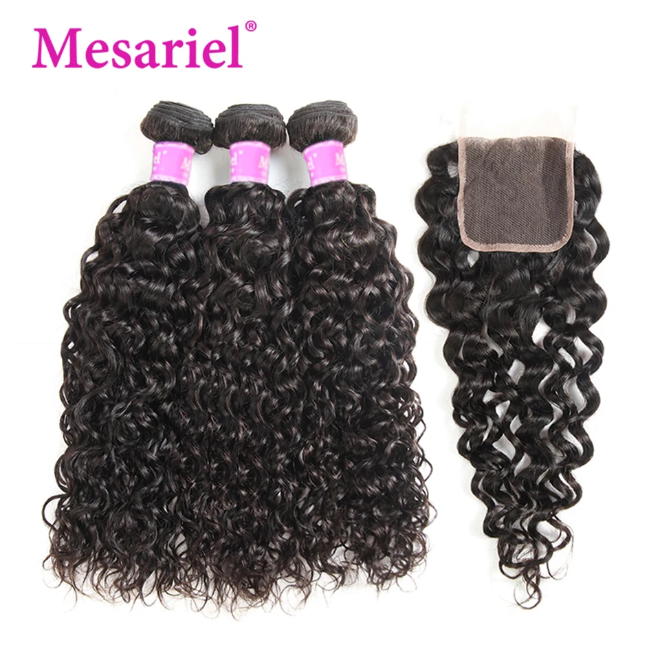 

Mesariel Water Wave Bundles With Closure Brazilian Hair Weave Bundles With Closure Non Remy Human Hair 3/4 Bundles With Closure