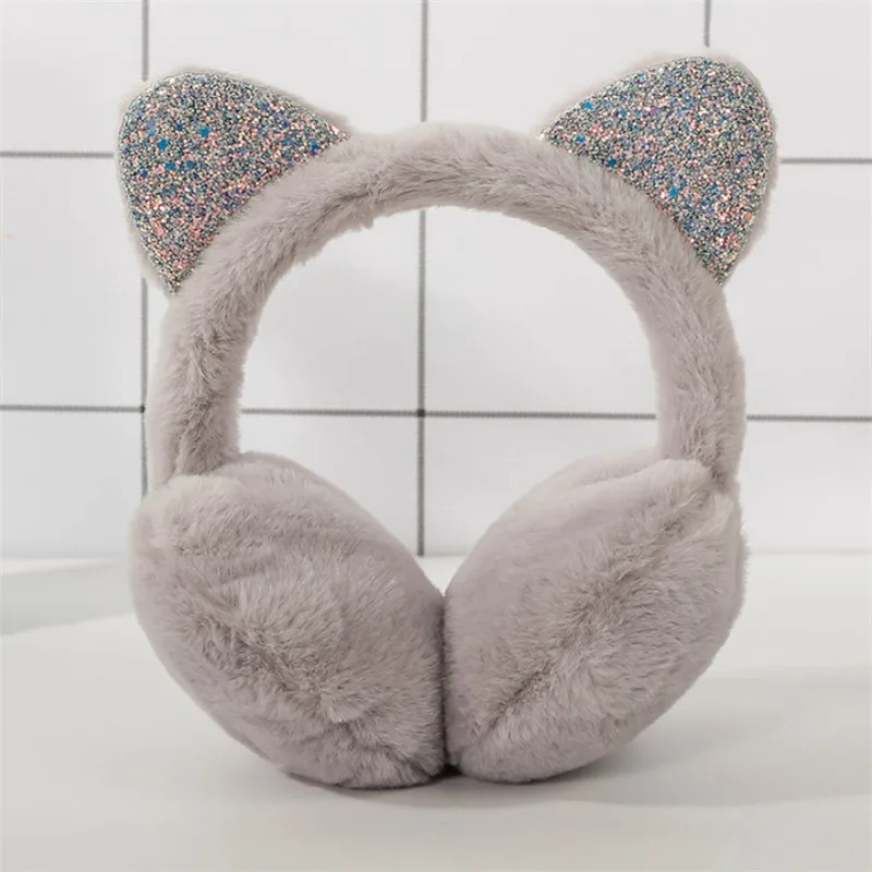 Grey Абсолютно новые Модные женские зимние меховые ухо теплые наушники кошачьи уши плюшевые наушники с блестками - Цвет: Grey