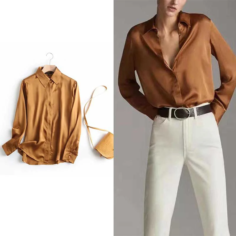 

2020 Spring Women Fashion Long Sleeves Satin Blouse Vintage Femme Street Shirts Elegant Imitation Silk Blouse