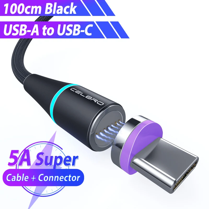 5А Магнитный кабель супер быстрая зарядка кабель для передачи данных usb type C светодиодный светильник кабель для samsung Xiaomi huawei Android телефон 1 м магнит - Цвет: Black for Type-C