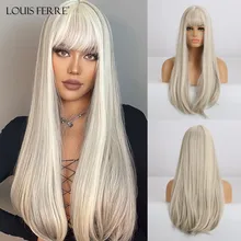 

LOUIS FERRE Synthetic Long White Wigs with Bangs Cosplay Straight Wigs with Brown Highlight Natural Fake Hair for Black Women