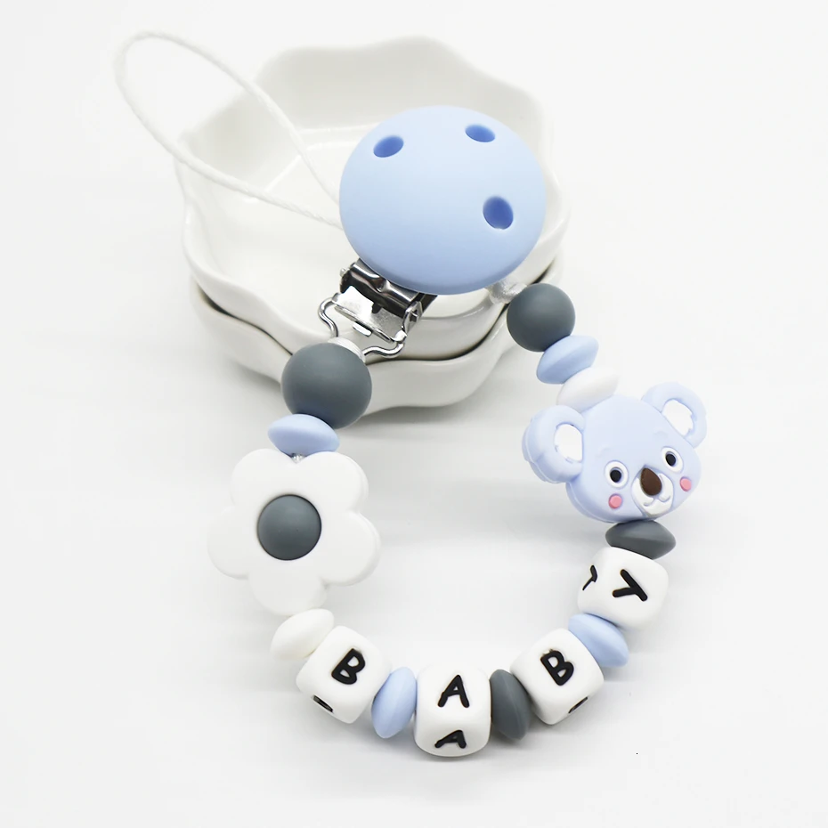 

Personalized Pacifier Clips Handmade Custom Name Nipple Holder Silicone Beads Pacifier Chain Koala Dummy Holder Teething Toys