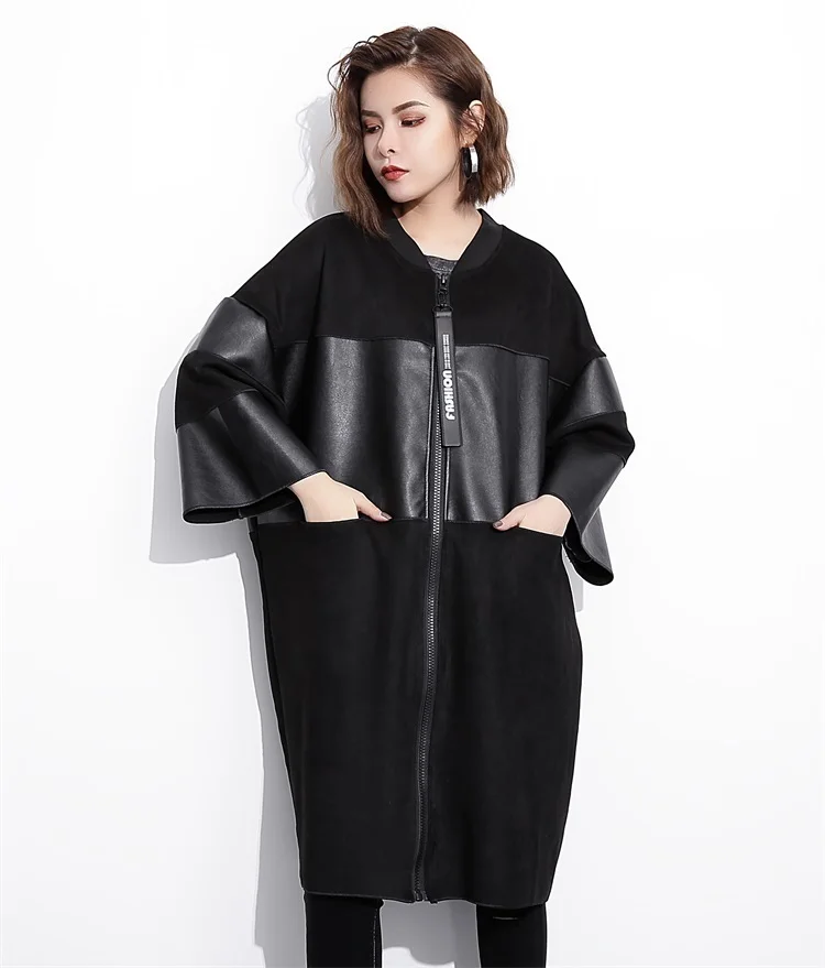 Best  [EAM] Loose Fit Black Pu Leather Spliced Big Size Jacket New Stand Collar Long Sleeve Women Coat Fa