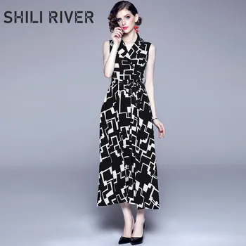 

New summer ankle length dress for women a line sleeveless slim elegant V neck print black pleated full dress with collar belt