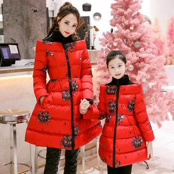 

Mother Daughter New Years Parkas Winter Cotton Clothes for Family Matching Outfits Flower Print Mommy and Me Outwear Down Coats