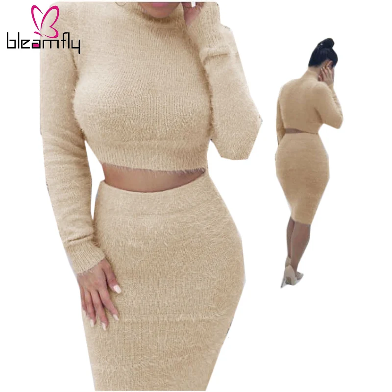 

Autumn Winter Two Piece Set for Women 2018 Solid Sweater Long Sleeve Crop Top And Knee-Length Bodycon Midi Skirt Female Outfit