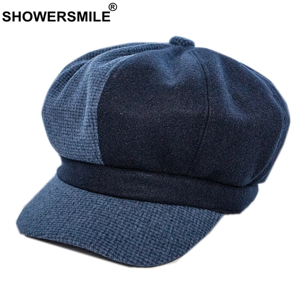 

SHOWERSMILE Patchwork Navy Wool Newsboy Cap Women Tweed Gabby Baker Boy Cap Woolen Female Autumn Winter Flat Cap Beret