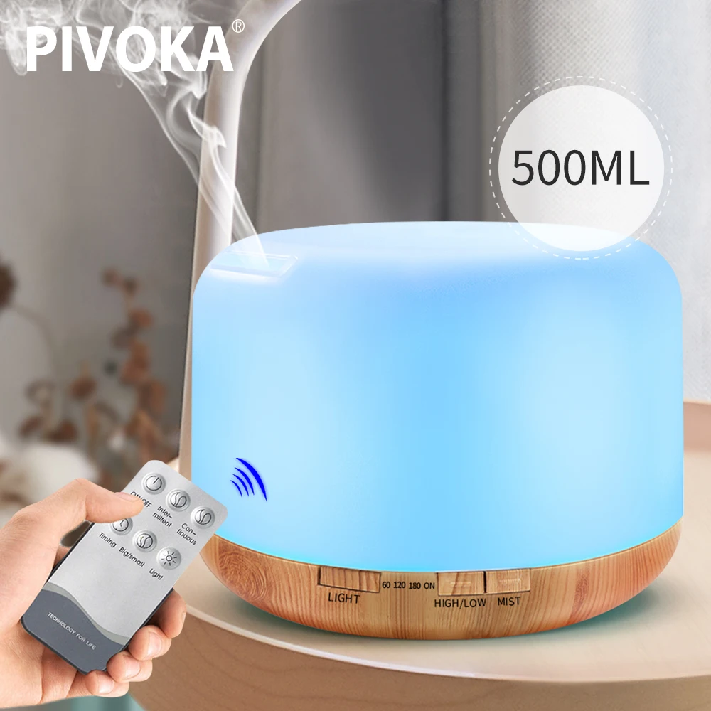 

PIVOKA 500ml Aroma Diffuser Essential Oil Aromatherapy Ultrasonic Air Humidifier Mist Maker 7 LED Color For Home Office Electric