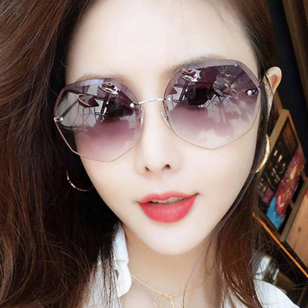 Women Polygon Rimless Sunglasses Metal Anti Ultraviolet Marine Film Sunglasses