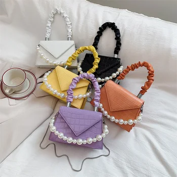 

Casual PU Leather Women Chain Shoulder Crossbody Bags Small Female Portable Pleated Solid Color Shoulder Bags Women