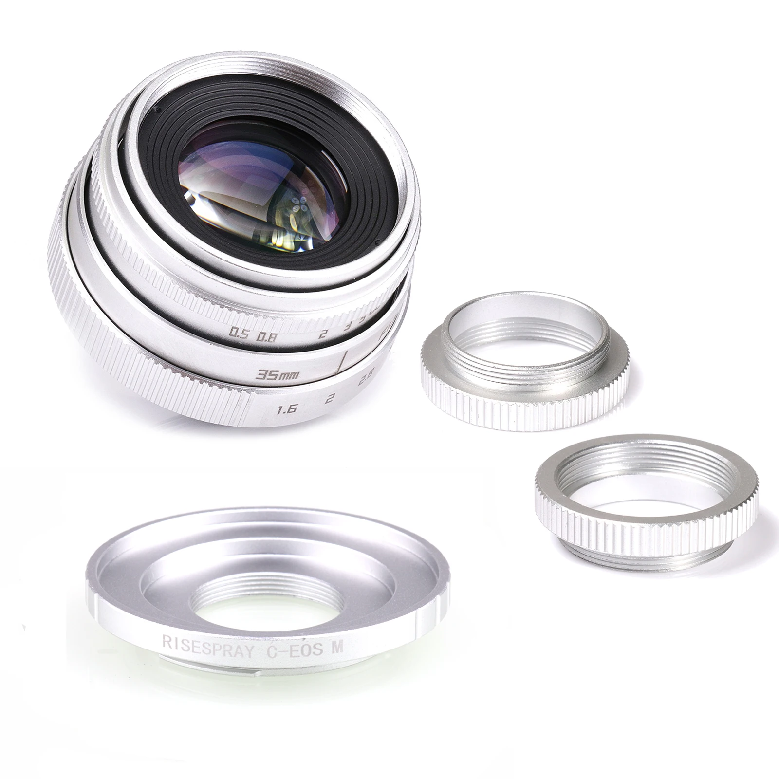 Argento Mini 35 Millimetri F/1.6 Aps-C Cctv Lens + Anello Adattatore + 2 Macro Ring Per Canon Ef-M Eosm Mirroless Macchina Fotografica M1/M3/M5