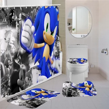 

3/4 Pieces Sonic Shower Curtains Sets Carpet Toilet Mat Bathroom Shower Curtain 3D Printing Bathroom Non-slip Waterproof Set
