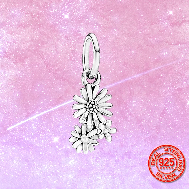 

100% 925 Sterling Silver Daisy Flower Bouquet Dangle Charm Beads fit Original Pandora Charms Bracelet Pendant Necklace Jewelry
